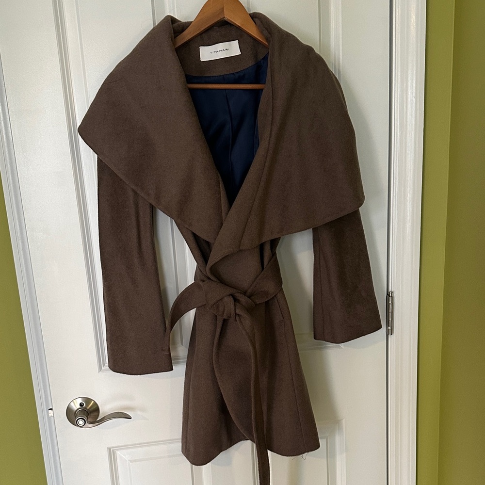 T Tahari Marla Taupe Brown Wrap Coat
